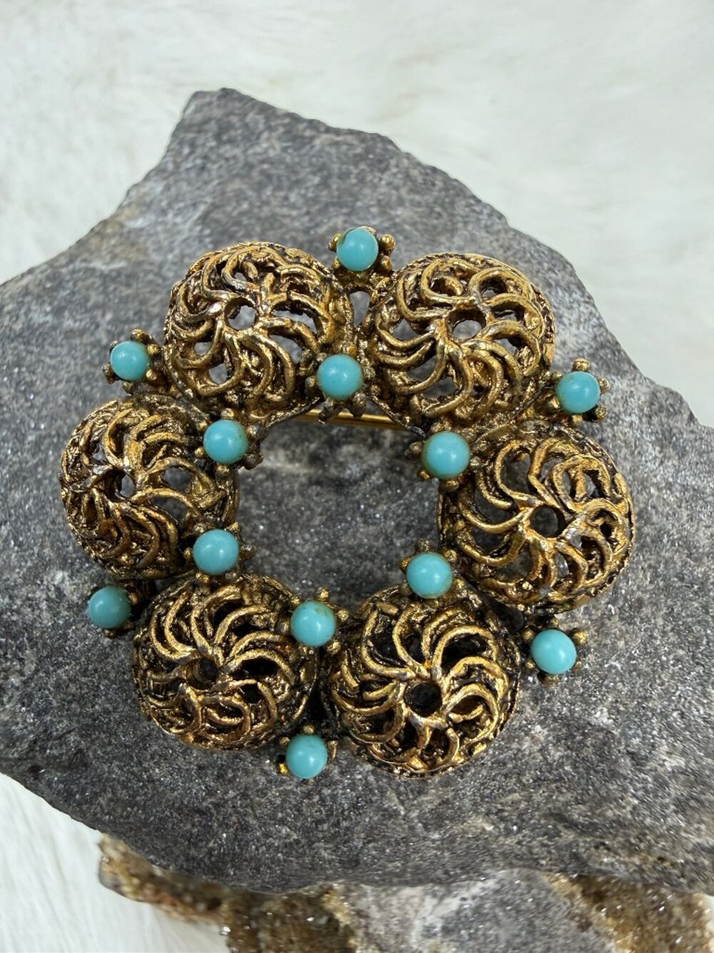 Vintage Gold Tone Filigree Brooch w/ Faux Turquoise Snake Eyes 1.5" X 1.5"